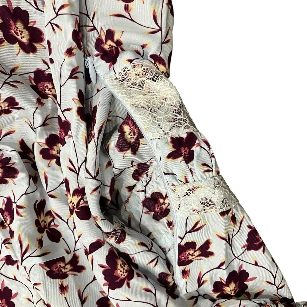 J Crew Midi Floral Lace Trim Dress Womens 0 White Burgundy V Neck Puff CS846
